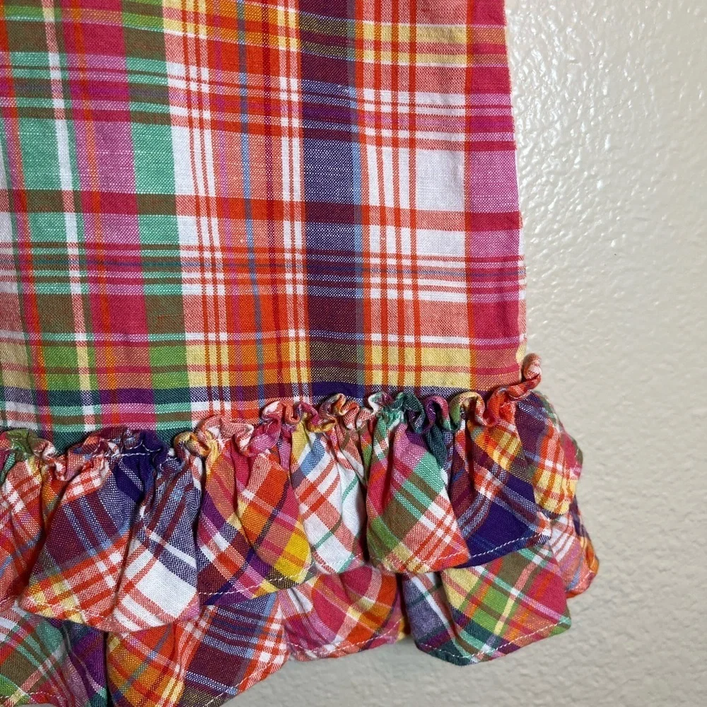 Ralph Lauren Ruffle Plaid Short Sleeve Linen Cotton Blend Dress